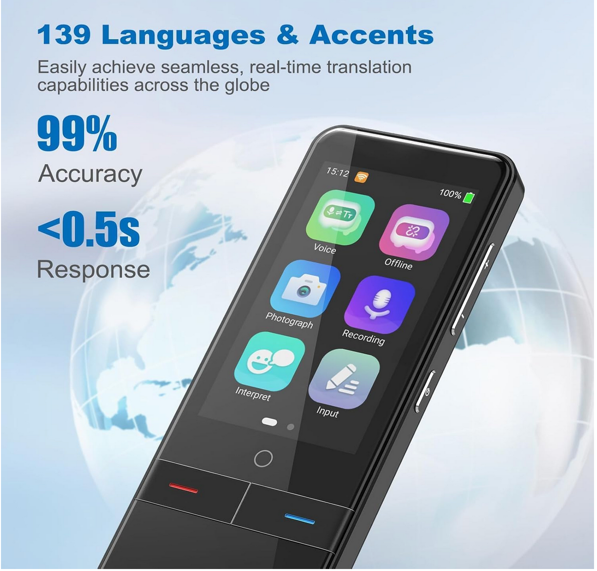 Slim Language Translator Device – No WiFi Needed, 139 Languages, Offline & Online Voice/Photo, 2-Way Instant Translation for Travel, Business